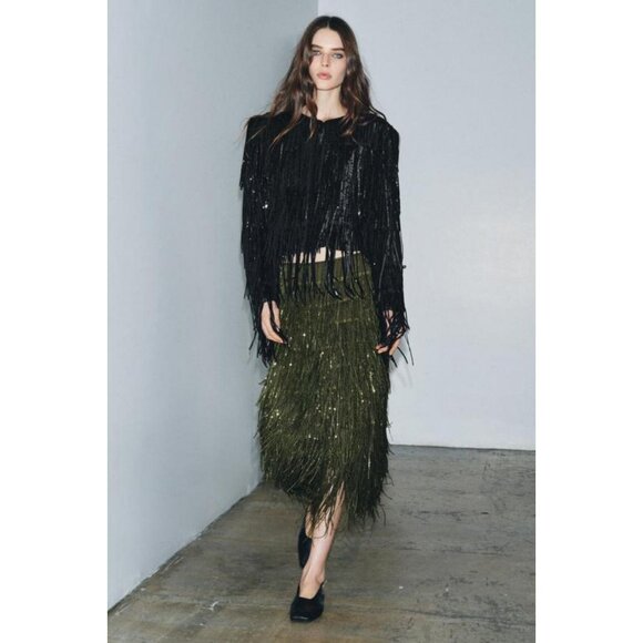 ZARA ZW COLLECTION LIMITED EDITION SEQUIN FRINGE SKIRT - Picture 1 of 8
